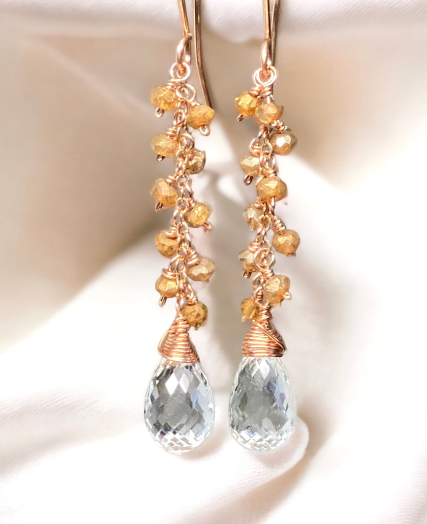 Crystal Quartz Rose Gold Gemstone Dangle Earrings with Gold Labradorite
