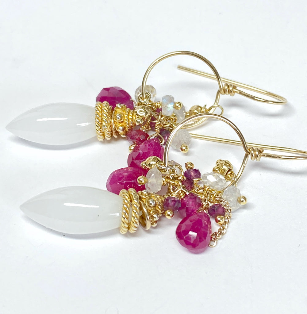 Ruby Hoop Earrings in Gold Fill with White Aventurine