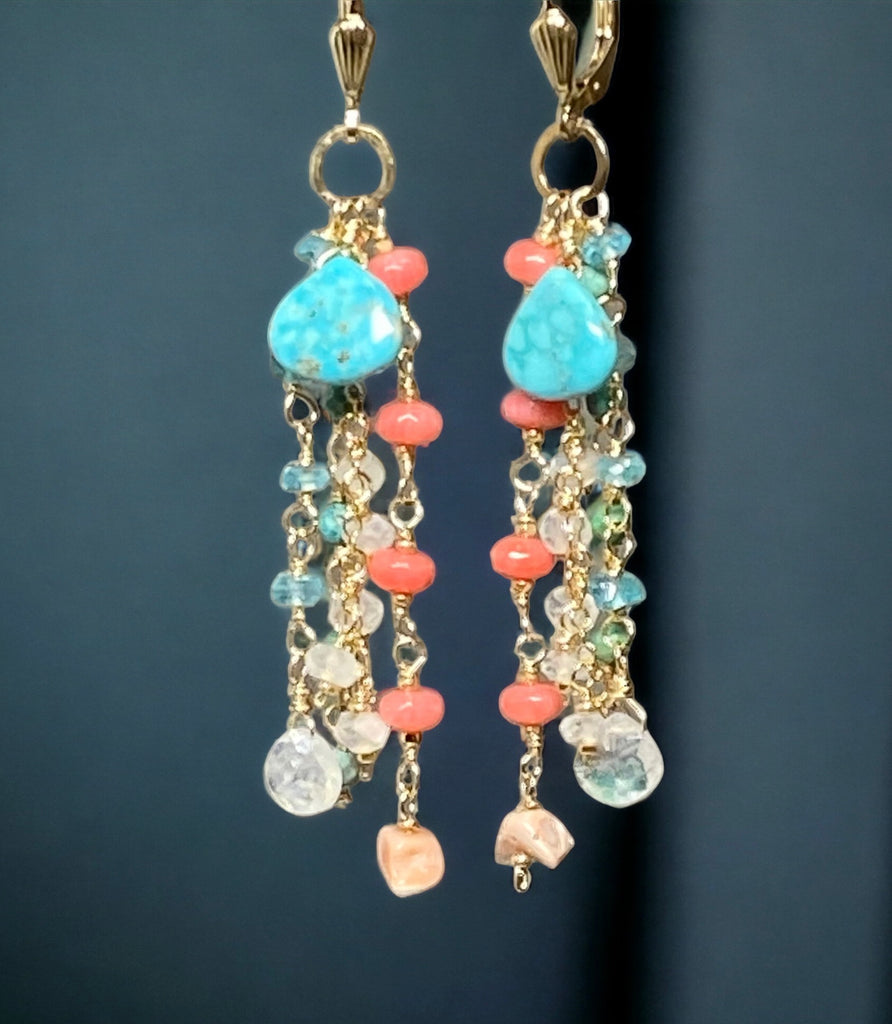dangle earrings of turquoise, pink coral, aqua apatite, rainbow moonstone