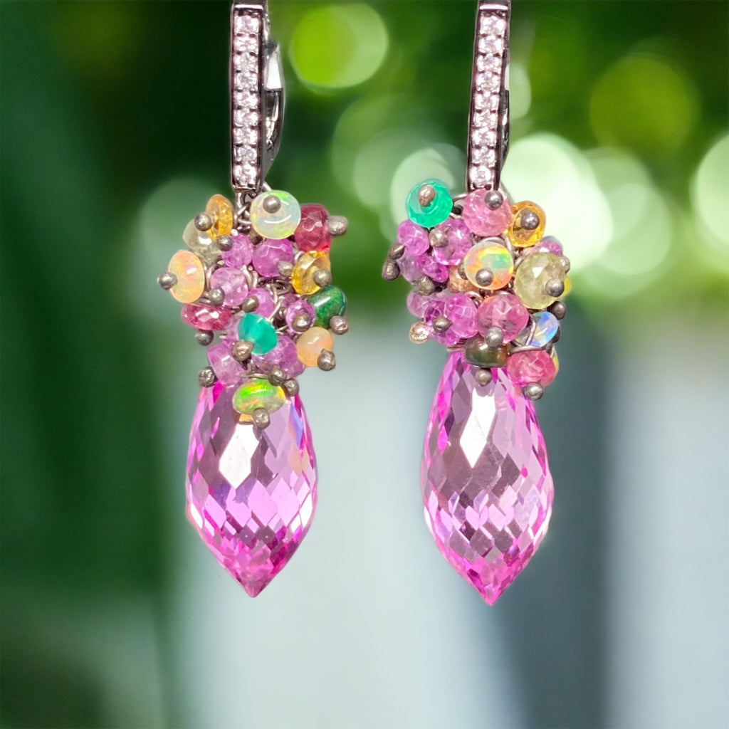 Pink Topaz and Opal Sapphire Cluster Earrings in Oxidized Silver - Doolittle