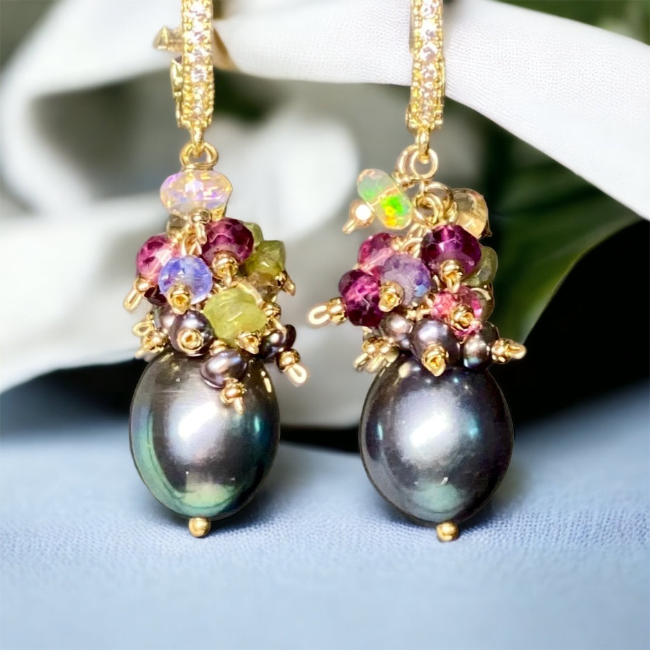 Gray Pearl Earrings with Gemstone Clusters in 14 kt Gold Fill