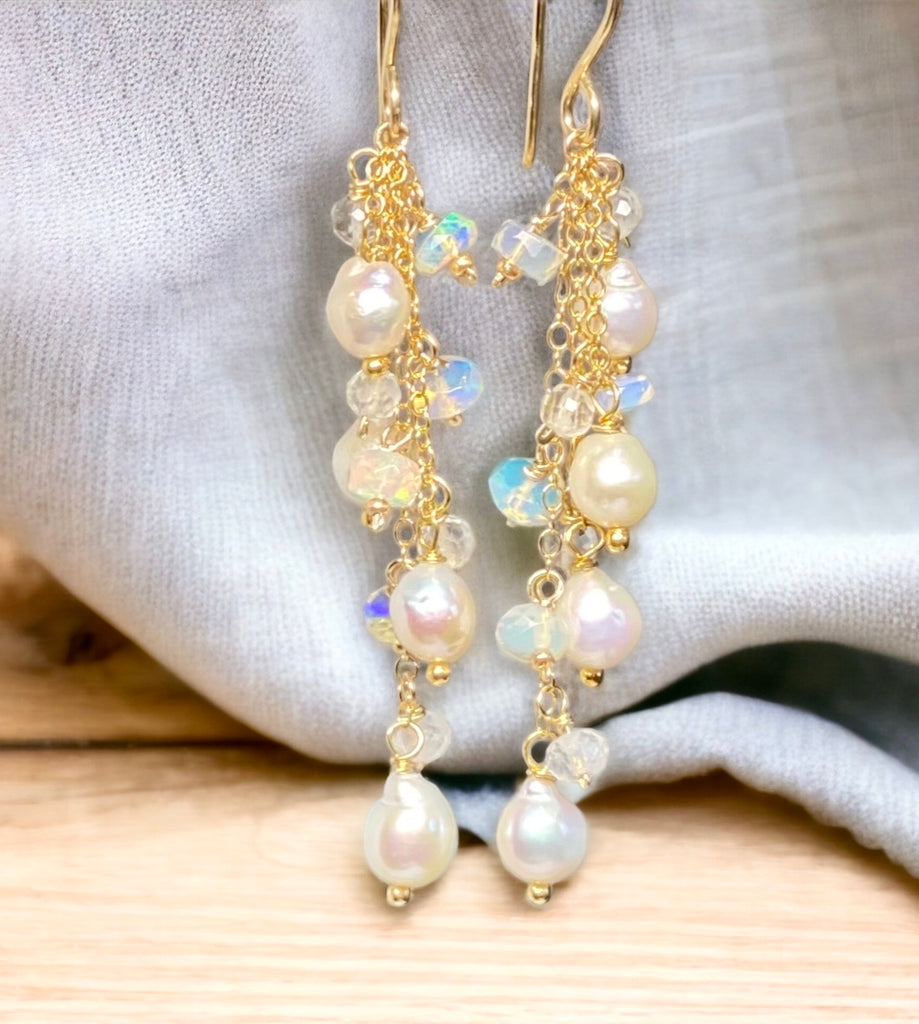 Edison Pearl Dainty Dangle Earrings with Moonstones and Opals