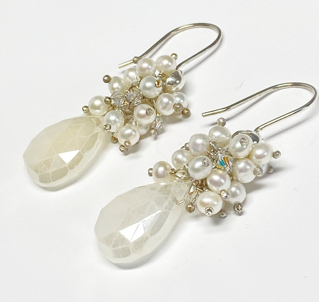 Mystic Pearlized Ivory Chalcedony Earrings with Pearl Clusters Sterling Silver