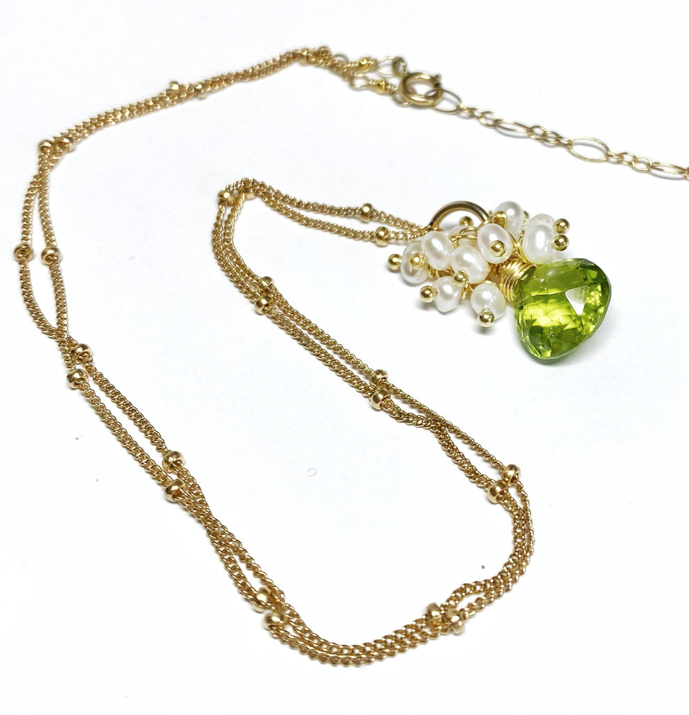 Peridot Gemstone Pendant Gold Fill with Pearl Clusters