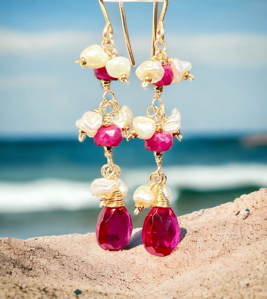 Ruby dangle earrings with pearls and pink red topaz dangles in 14 kt gold fill