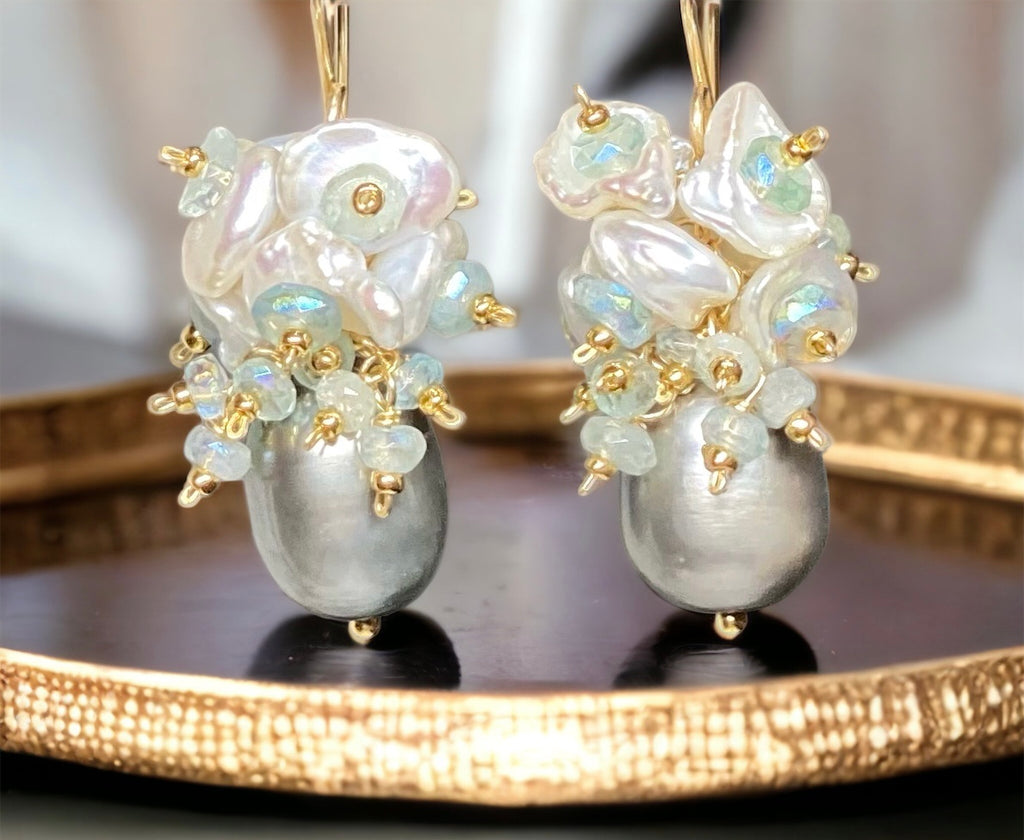 Silver Gray Pearl and Keishi Pearl Cluster Earrings with Aquamarine