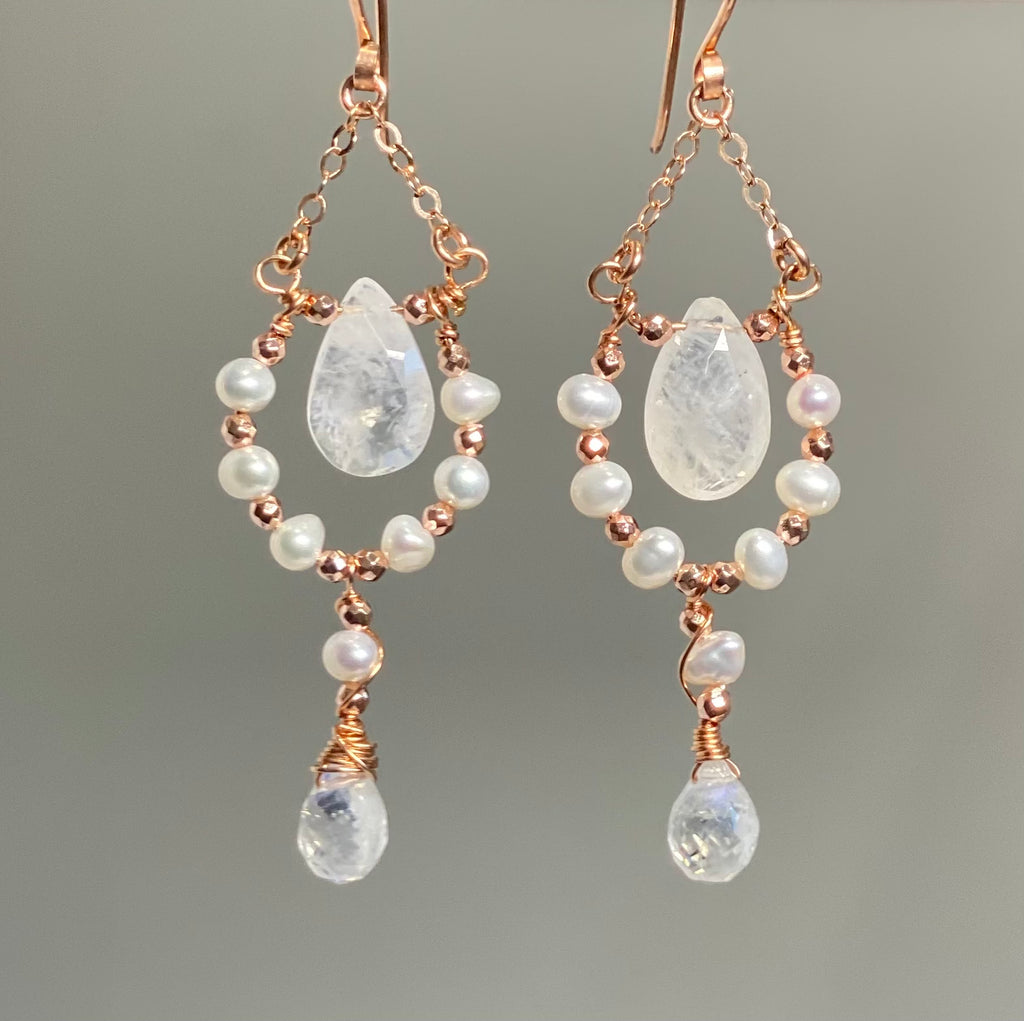 Rose Gold Rainbow Moonstone Pearl Petite Chandelier Earrings