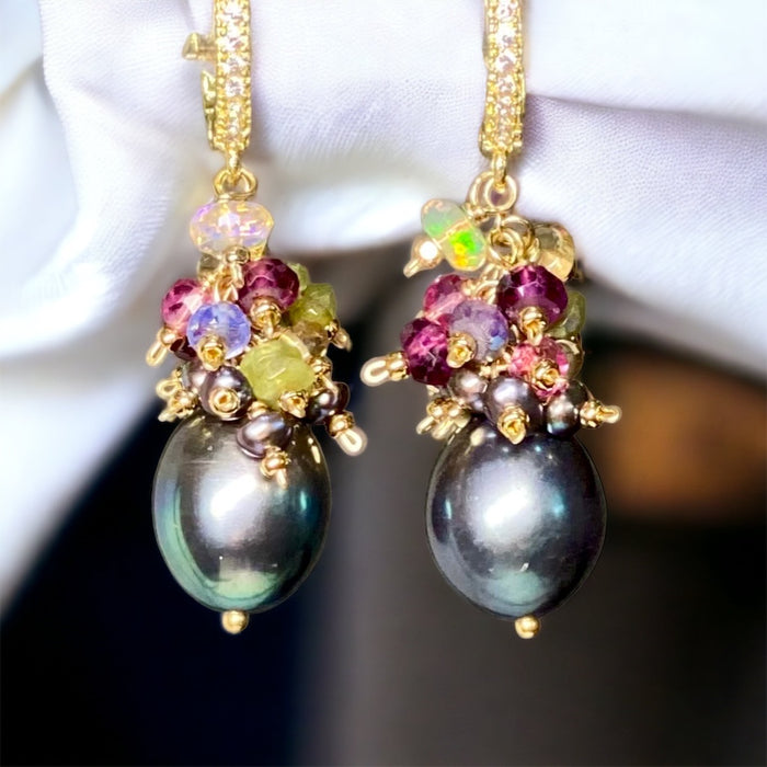 Holiday Wedding Earrings - peacock pearls with colorful gemstone cluster in gold fill