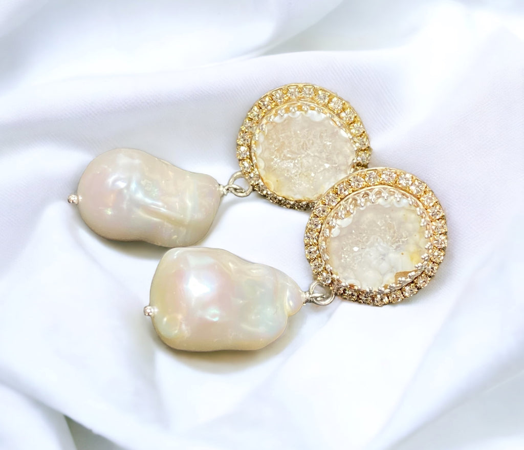 Handmade Ivory White Tabasco Geode Wedding Earrings Post with Baroque Pearl Drops