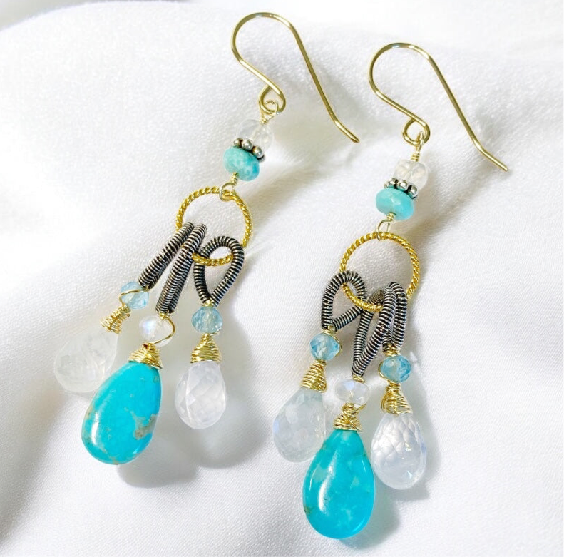 Kingman Turquoise, Rainbow Moonstone Dangle Earrings Mixed Metals, Handmade