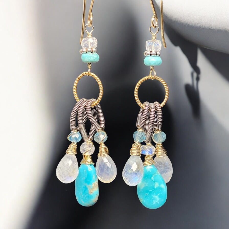 Kingman Turquoise, Rainbow Moonstone Dangle Earrings Mixed Metals, Handmade