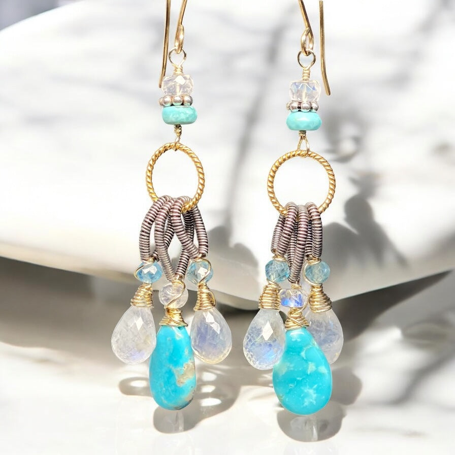Kingman Turquoise, Rainbow Moonstone Dangle Earrings Mixed Metals, Handmade