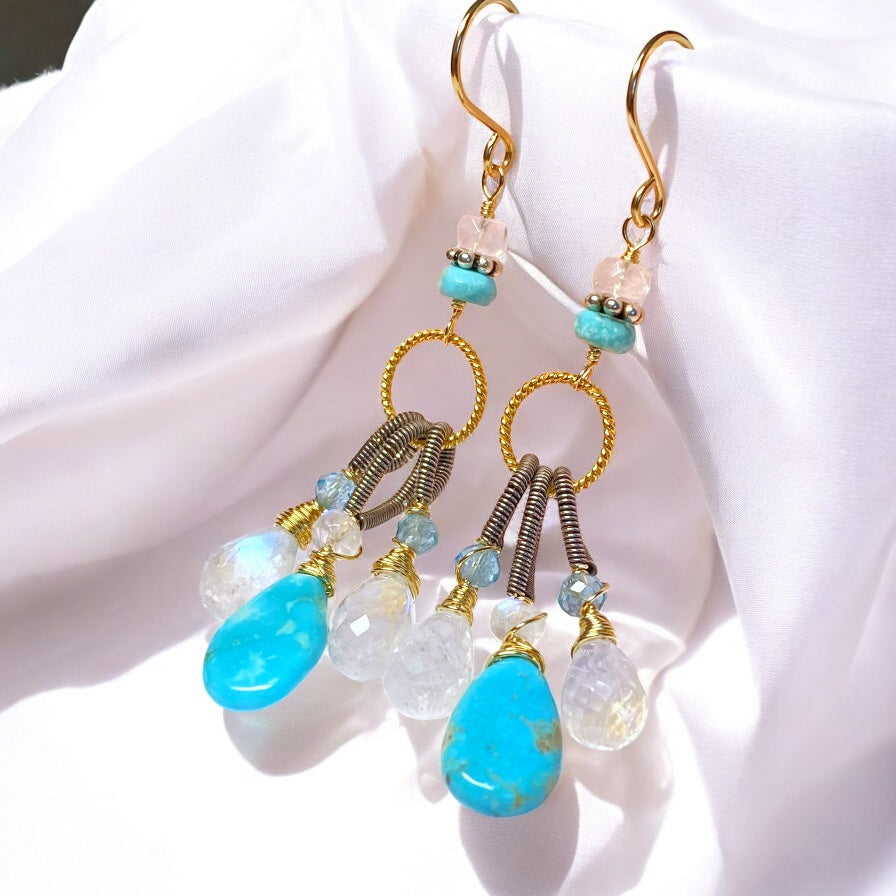 Kingman Turquoise, Rainbow Moonstone Dangle Earrings Mixed Metals, Handmade