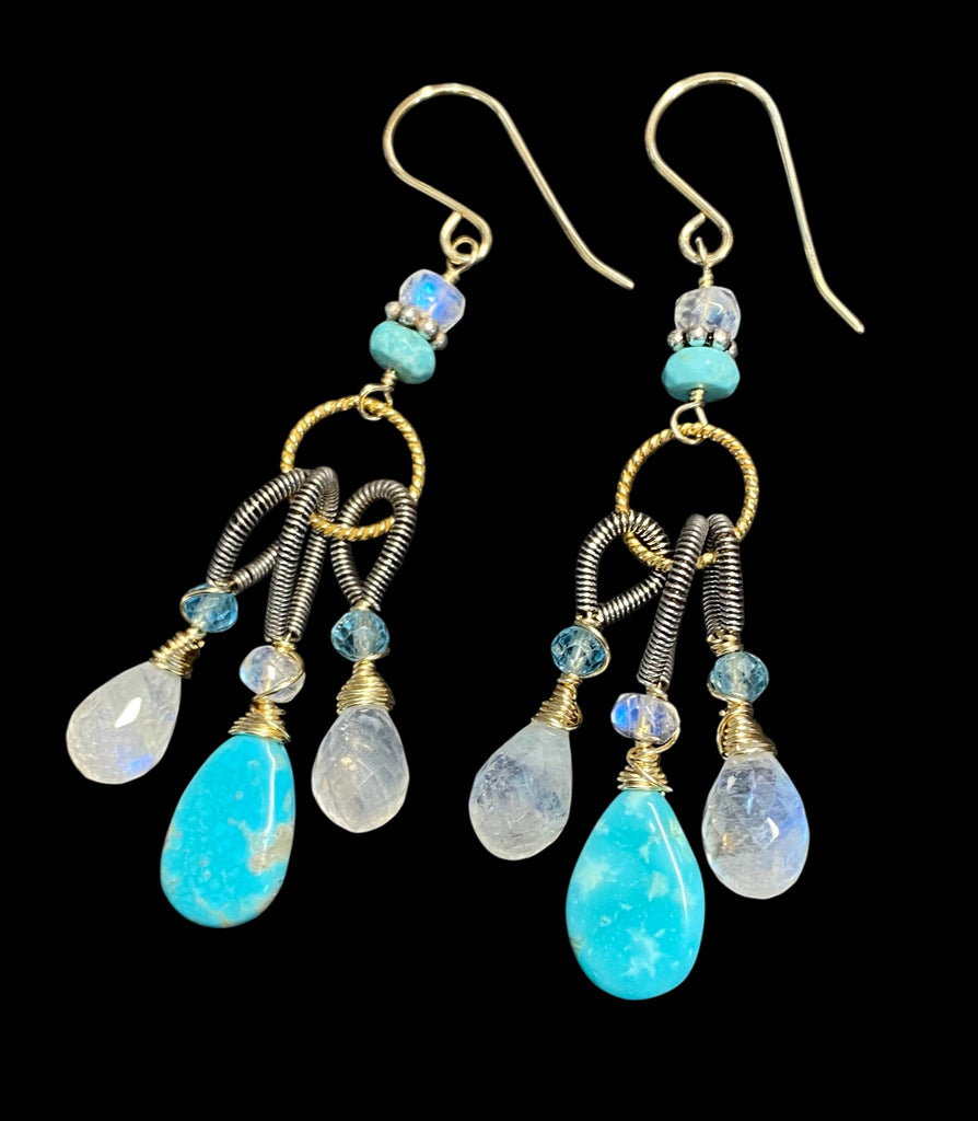 Kingman Turquoise, Rainbow Moonstone Dangle Earrings Mixed Metals, Handmade
