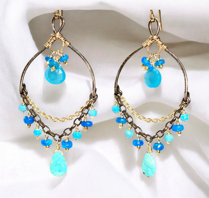 Blue Opal and Kingman Turquoise Mixed Metal Chandelier Earrings