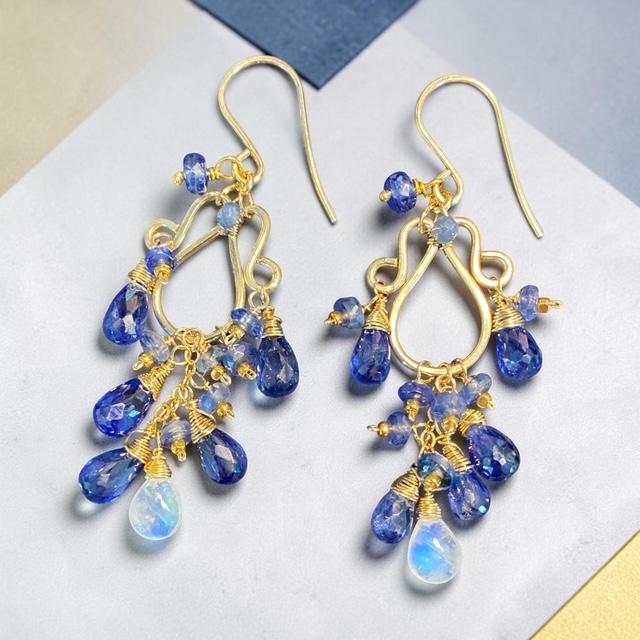 Blue Kyanite and Rainbow Moonstone Chandelier Earrings in Gold Fill - Doolittle