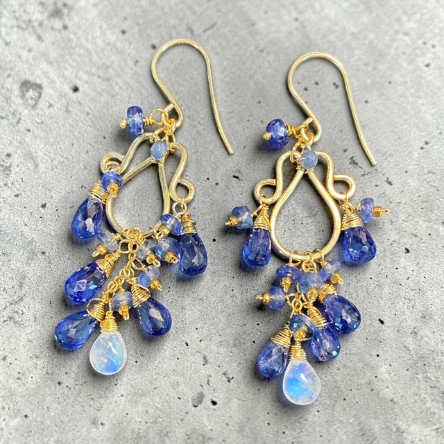 Blue Kyanite and Rainbow Moonstone Chandelier Earrings in Gold Fill - Doolittle