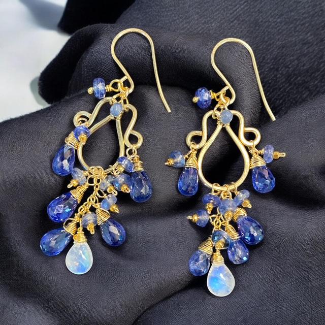 Blue Kyanite and Rainbow Moonstone Chandelier Earrings in Gold Fill - Doolittle