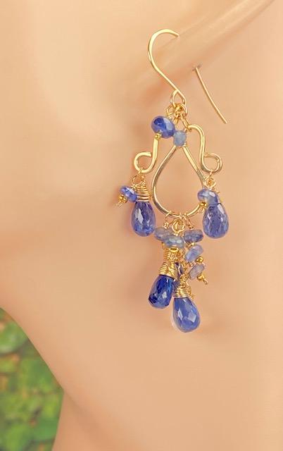 Blue Kyanite and Rainbow Moonstone Chandelier Earrings in Gold Fill - Doolittle