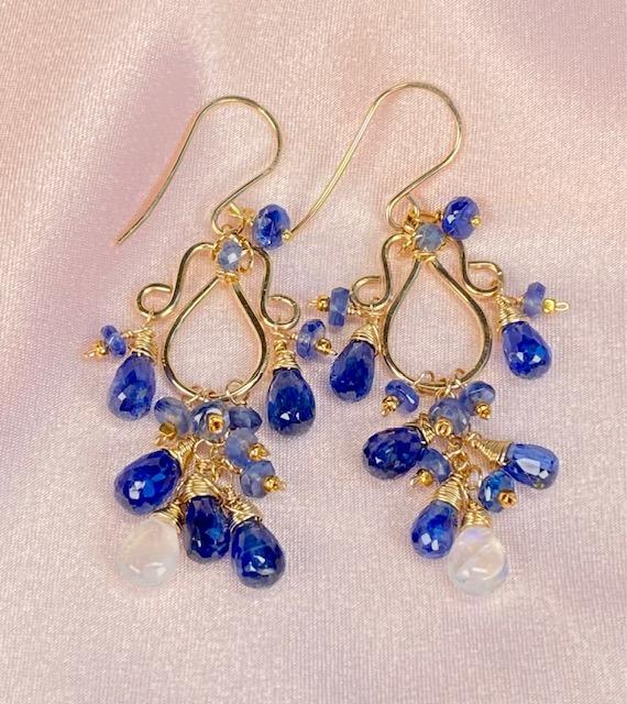 Blue Kyanite and Rainbow Moonstone Chandelier Earrings in Gold Fill - Doolittle