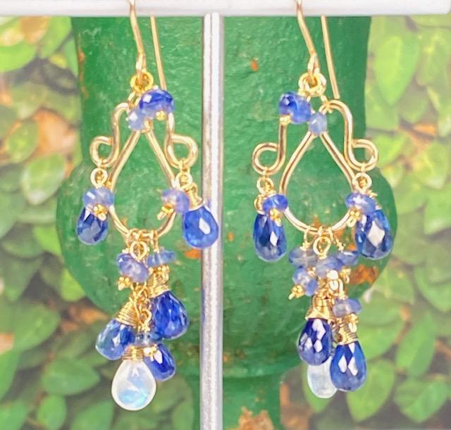 Blue Kyanite and Rainbow Moonstone Chandelier Earrings in Gold Fill - Doolittle