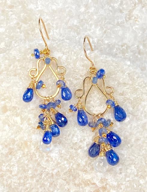Blue Kyanite and Rainbow Moonstone Chandelier Earrings in Gold Fill - Doolittle