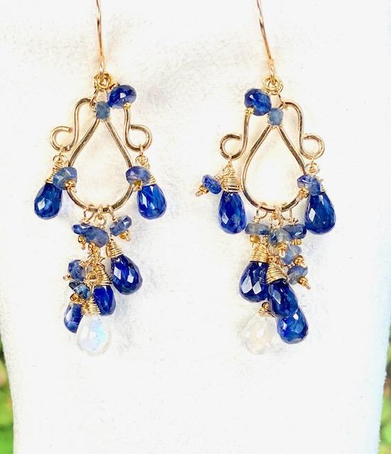 Blue Kyanite and Rainbow Moonstone Chandelier Earrings in Gold Fill - Doolittle