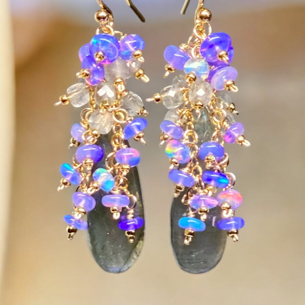 Blue Flash Labradorite Cluster Earrings with Lavender Opals 2 Gold Fill