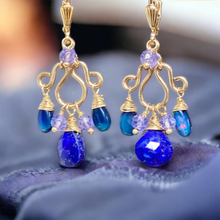 Blue Lapis, Blue Opal Chandelier Earrings Gold Fill