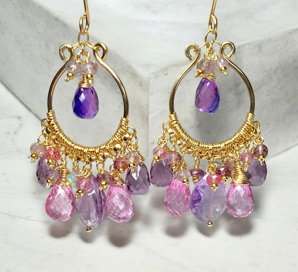 Gemstone Statement Chandelier Earrings in Pink, Lavender, Violet 2