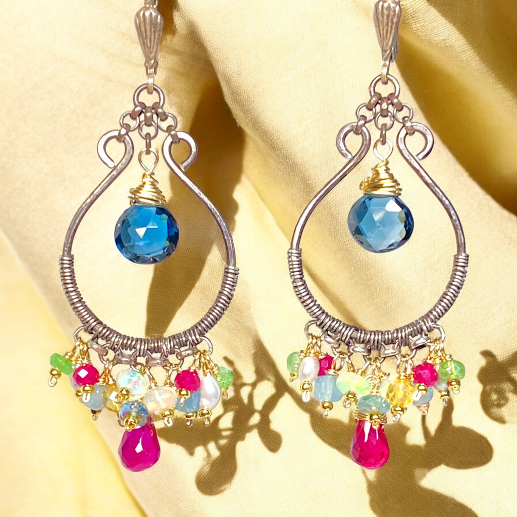 London Blue Topaz, Multi Gemstone, Oxidized Silver Hoop Chandelier Earrings