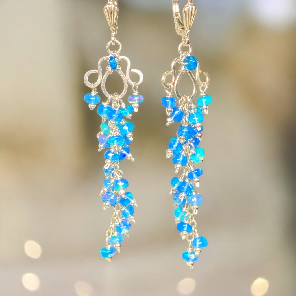 Blue Ethiopian Opal Long Cluster Dangle Earrings Sterling Silver