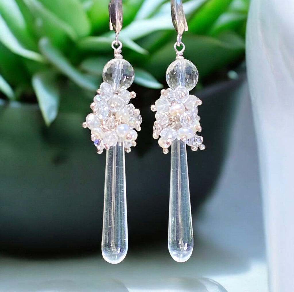 Pearl Cluster Long Crystal Quartz Drop Wedding Earrings