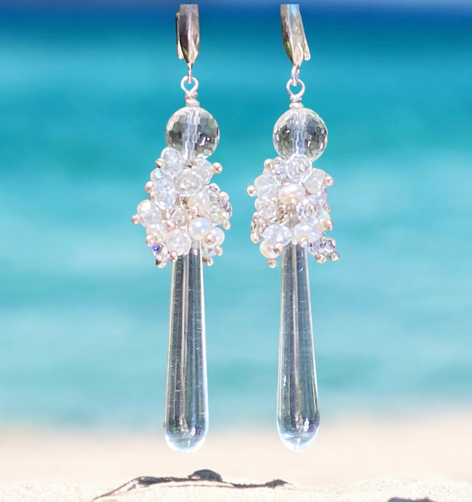 Pearl Cluster Long Crystal Quartz Drop Wedding Earrings