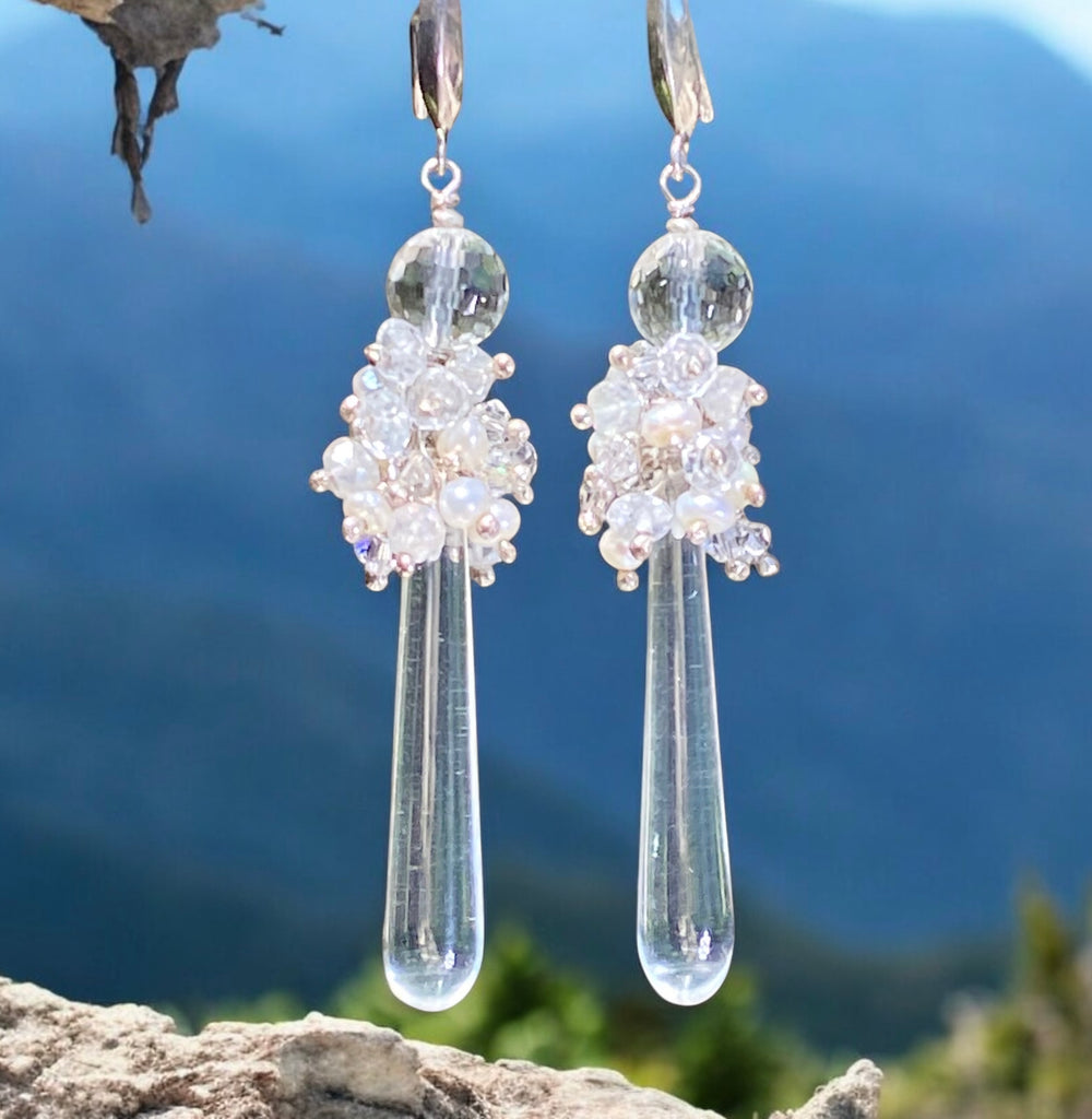 Pearl Cluster Long Crystal Quartz Drop Wedding Earrings