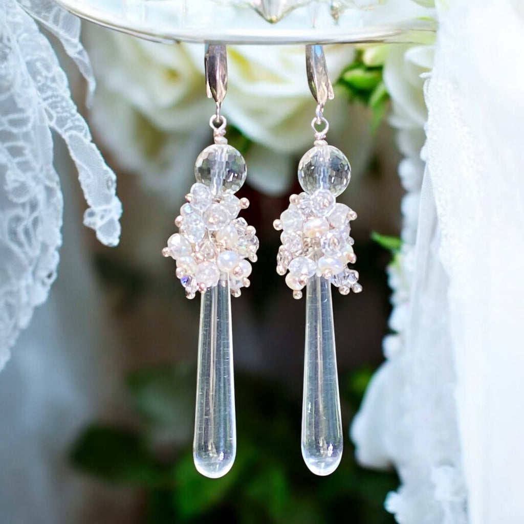 Pearl Cluster Long Crystal Quartz Drop Wedding Earrings