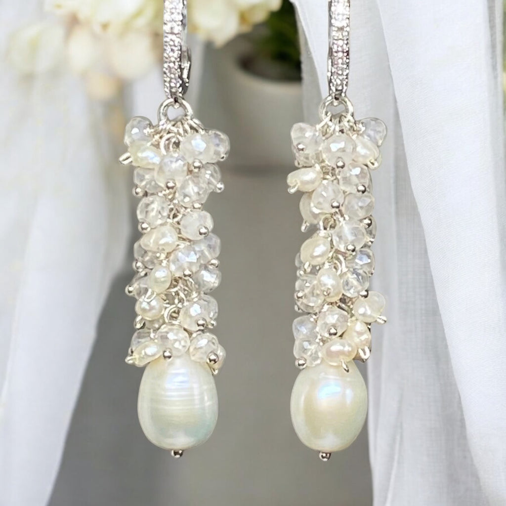 Long Mystic Quartz and Pearl Dangle Diamond Look Earrings