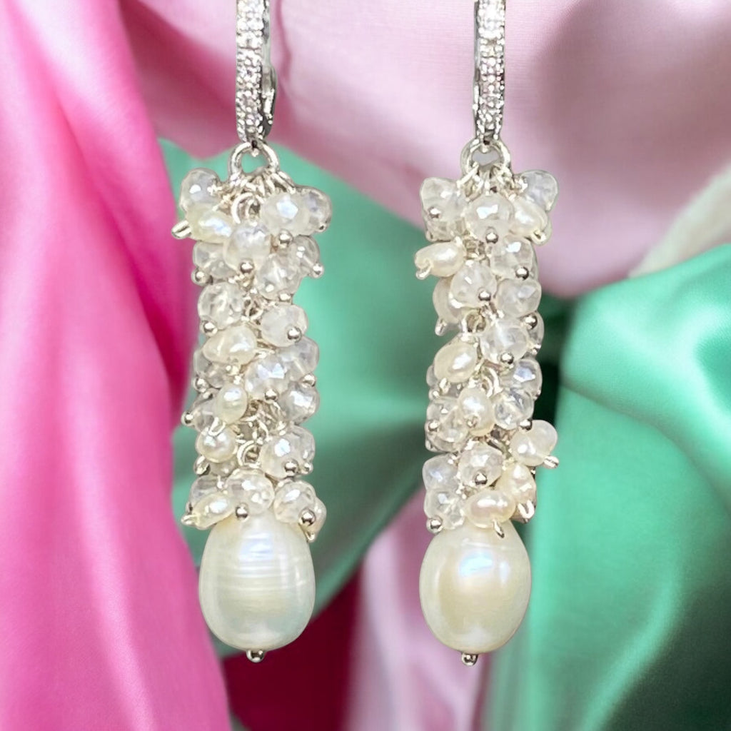 Long Mystic Quartz and Pearl Dangle Diamond Look Earrings