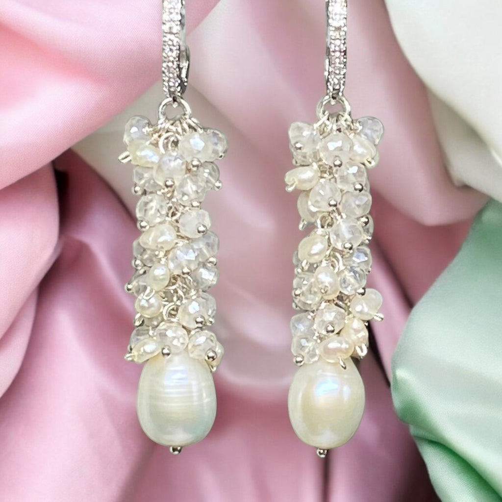 Long Mystic Quartz and Pearl Dangle Diamond Look Earrings