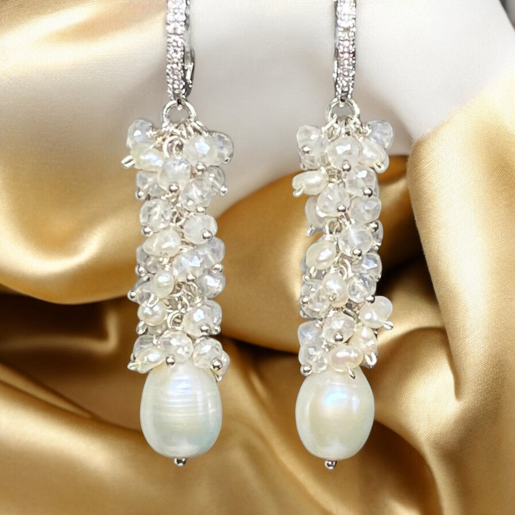 Long Mystic Quartz and Pearl Dangle Diamond Look Earrings