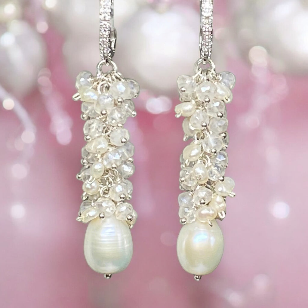 Long Mystic Quartz and Pearl Dangle Diamond Look Earrings