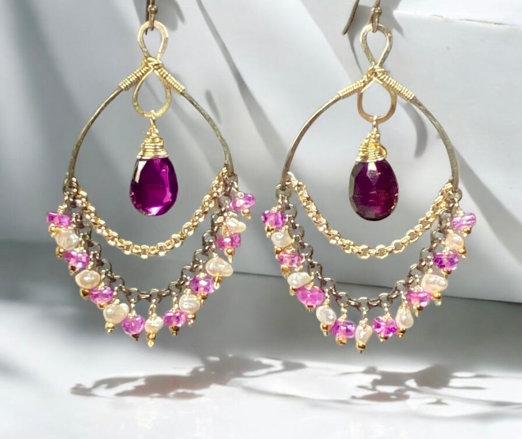 Rhodolite Garnet Chandelier Earrings with Sapphires in Mixed Metals