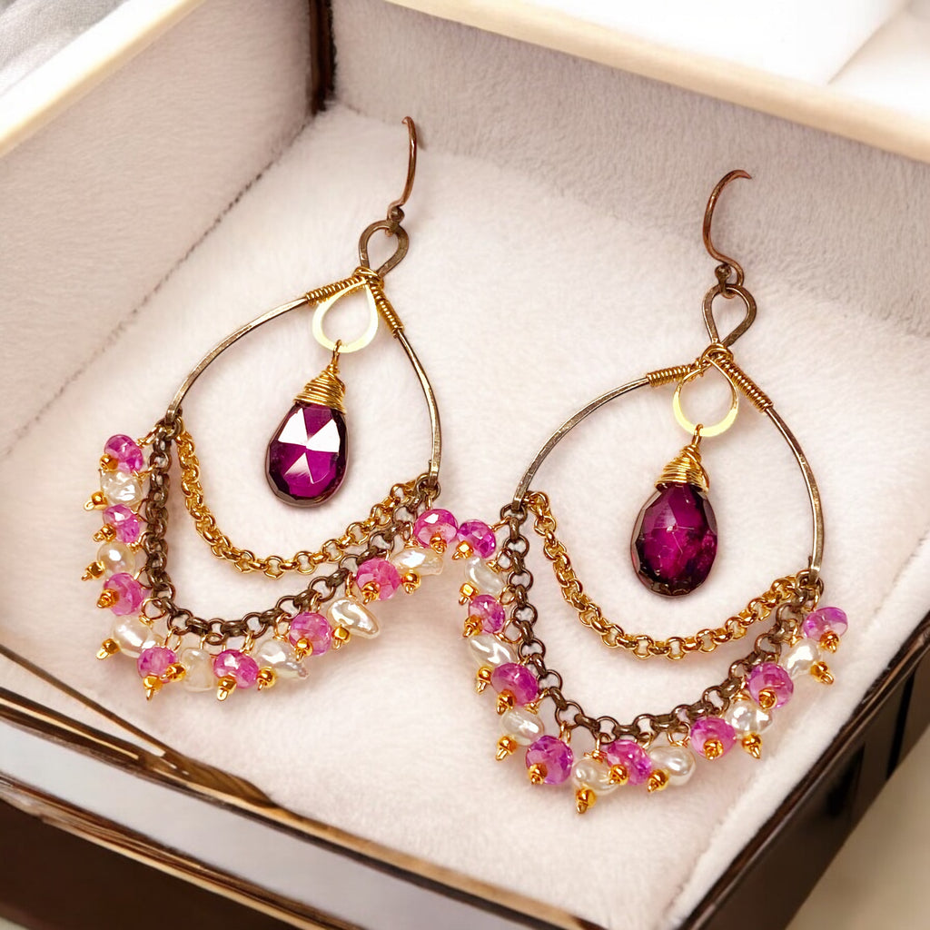 Rhodolite Garnet Chandelier Earrings with Sapphires in Mixed Metals