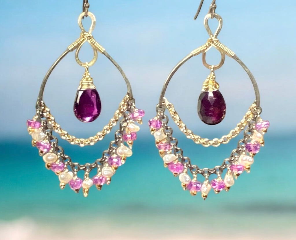 Rhodolite Garnet Chandelier Earrings with Sapphires in Mixed Metals