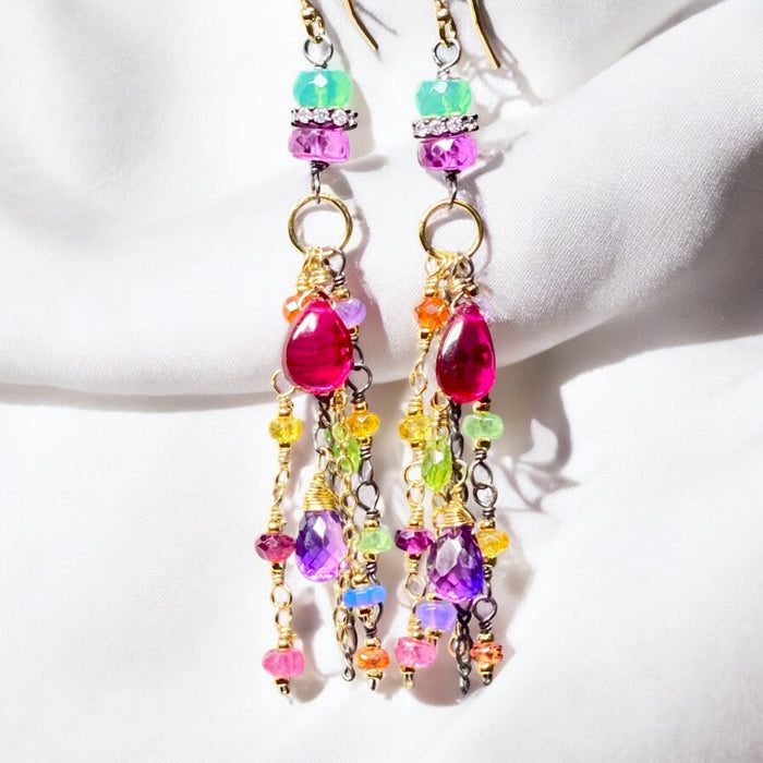 Multi Gemstone Mixed Metal Long Dangle Earrings, Pink, Green, Violet