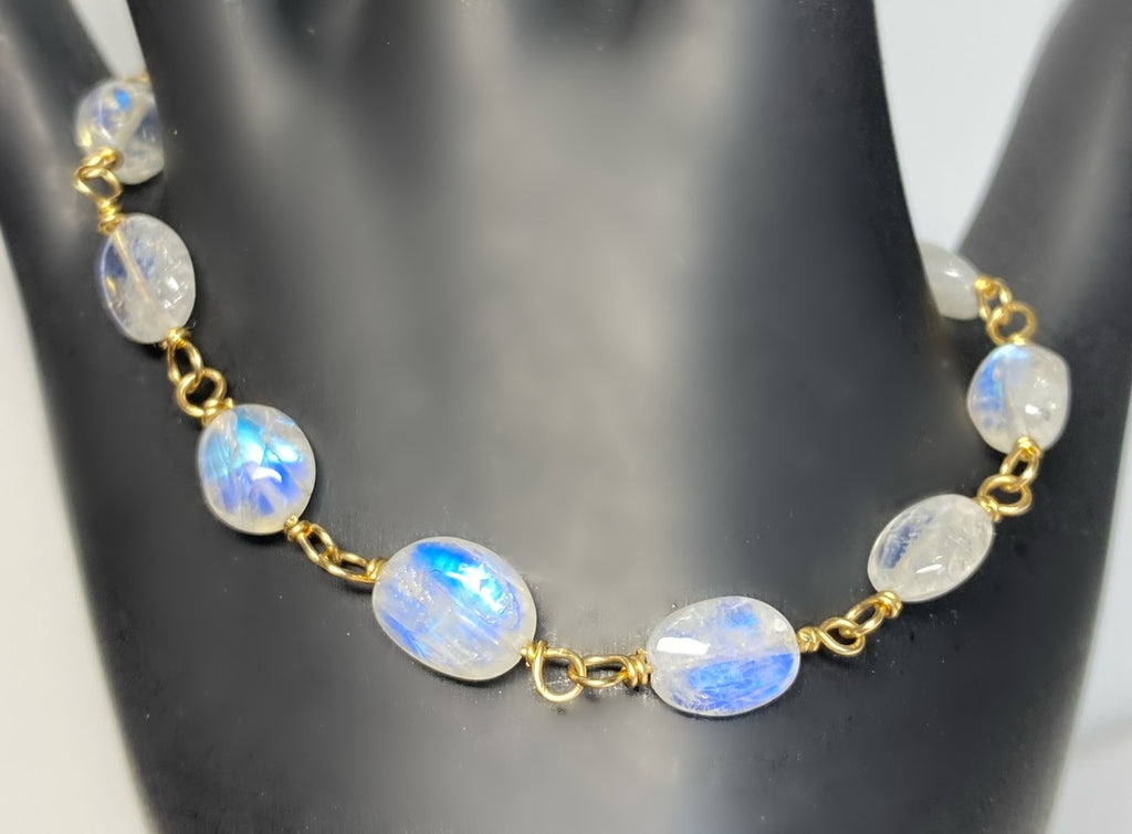 Rainbow Moonstone Wire Wrapped Bracelet, Gold Fill