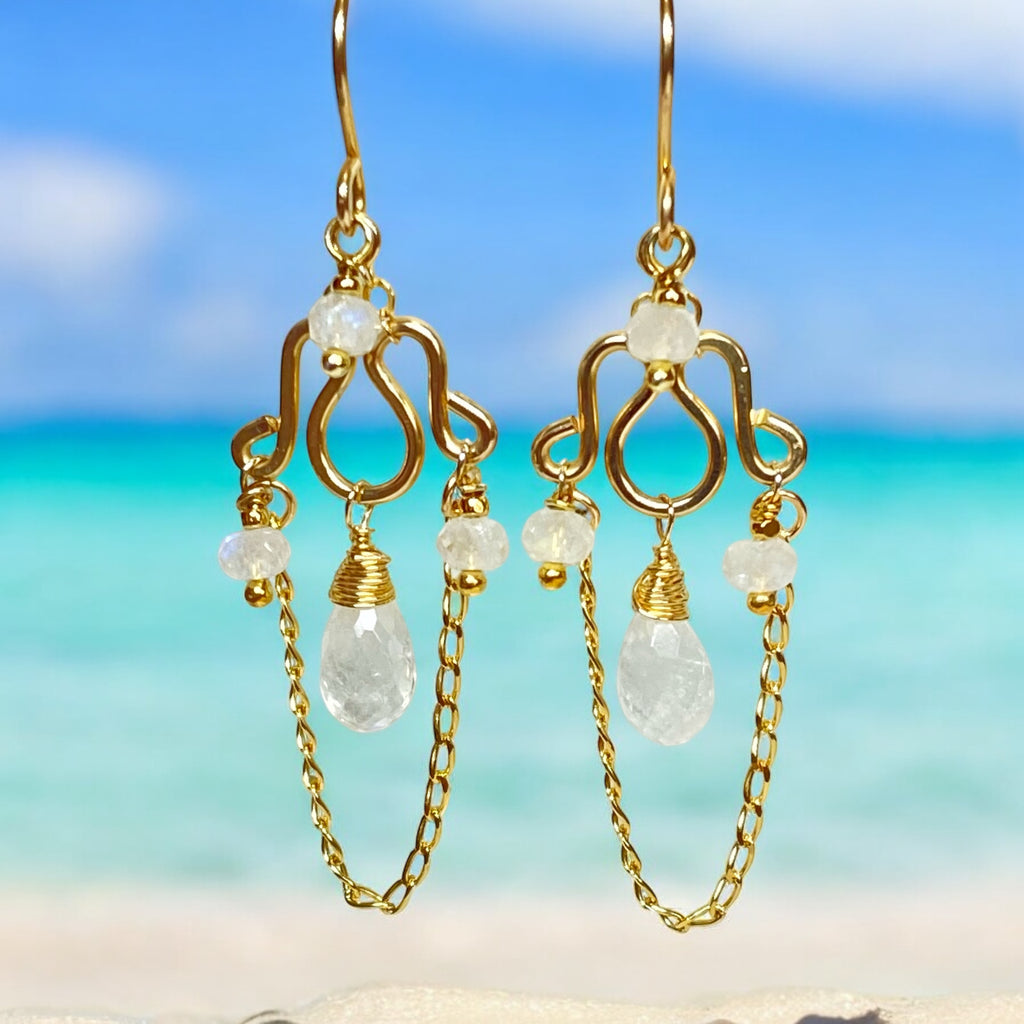 Rainbow Moonstone Petite Chandelier Earrings Gold Fill