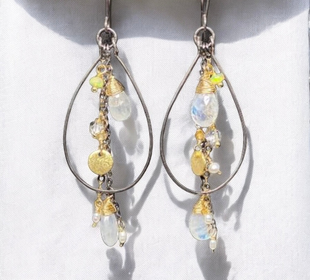 Rainbow Moonstone, Opal, Pearl Mixed Metal Hoops, Black and Gold