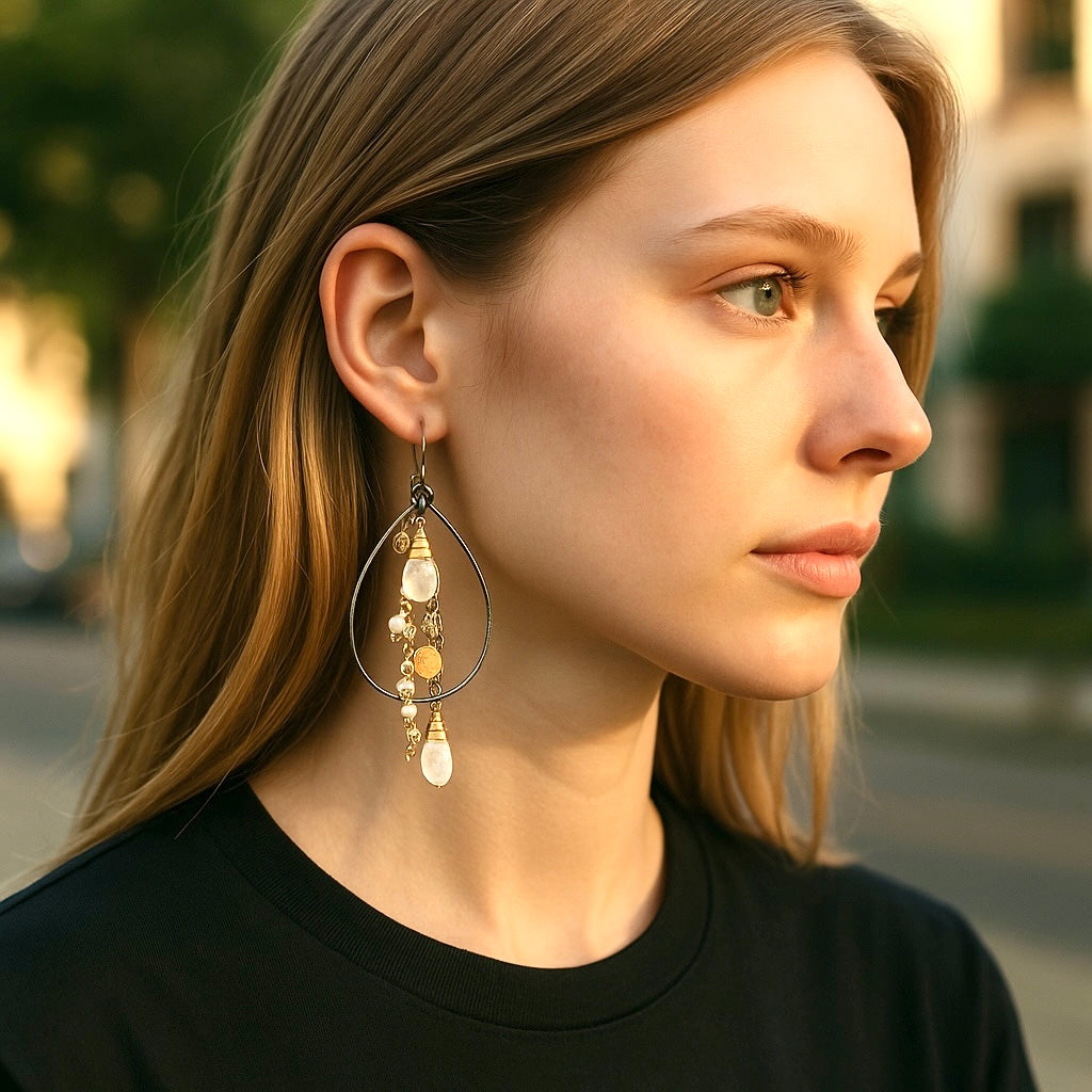 Rainbow Moonstone, Opal, Pearl Mixed Metal Hoops, Black and Gold