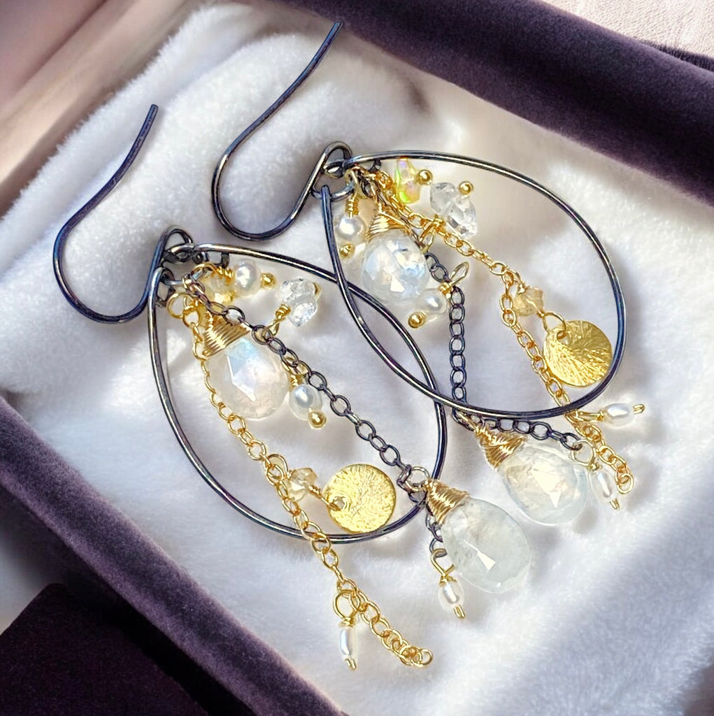 Rainbow Moonstone, Opal, Pearl Mixed Metal Hoops, Black and Gold
